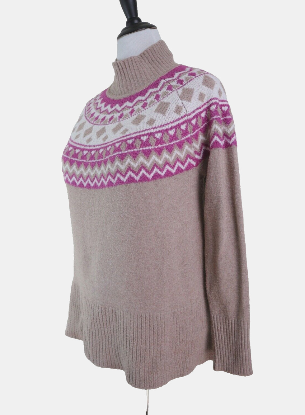 Tahari Size L Fair Isle Mock Neck Sweater Pullover Brown Cream Pink